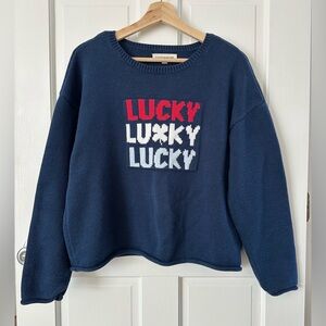 Lucky Brand Navy Blue Crop Sweater with Lucky Clover Graphic Rolled Hem Size L